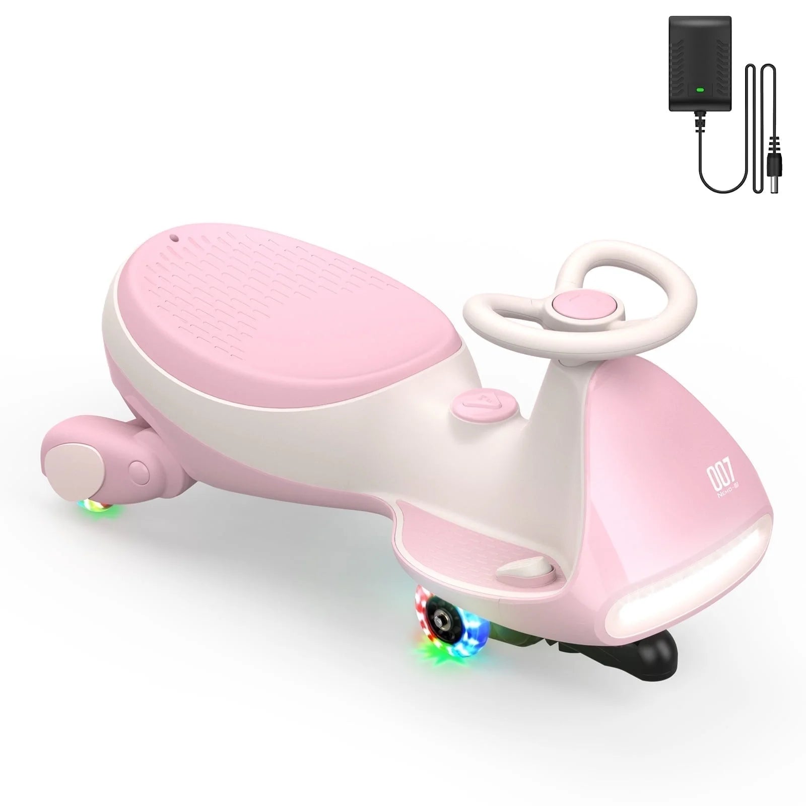 12V Electric Wiggle Car with Pedal, 2-In-1 Kids Ride-On Toy, Rechargeable Battery, 2-Speed, Anti-Rollover, Flashing Wheels, Bluetooth Music, for Ages 3+, 150 Lbs, Pinkish White