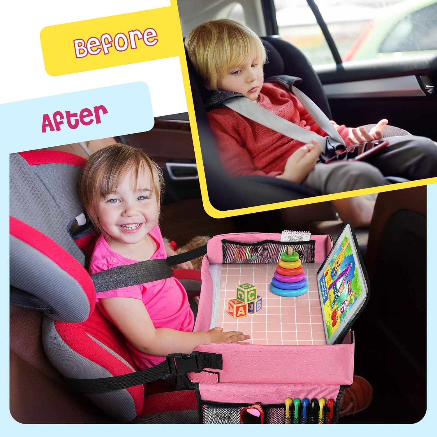 [New Version] Car Seat Organizer Kids Travel Tray for Kids Toddlers Activities in Car Seat, Stroller, Airplane | Waterproof Dry Erase Top | Side Pocket & Water Bottle Holder