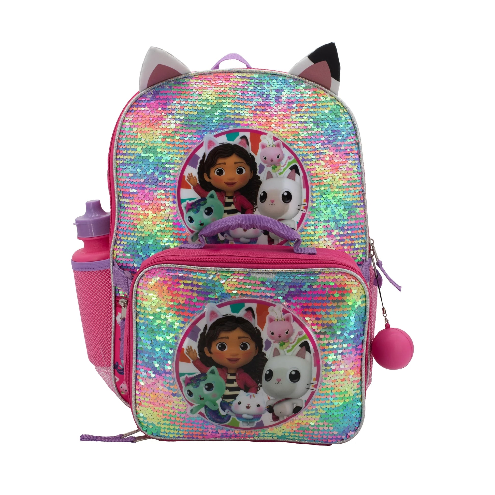 Gabby'S Doll House 4 Piece Backpack Set, Flip Sequin School Bag for Girls with Front Zip Pocket , Foam Mesh Side Pockets, Insulated Lunch Box, Water Bottle, & Squish Ball Dangle, Pink