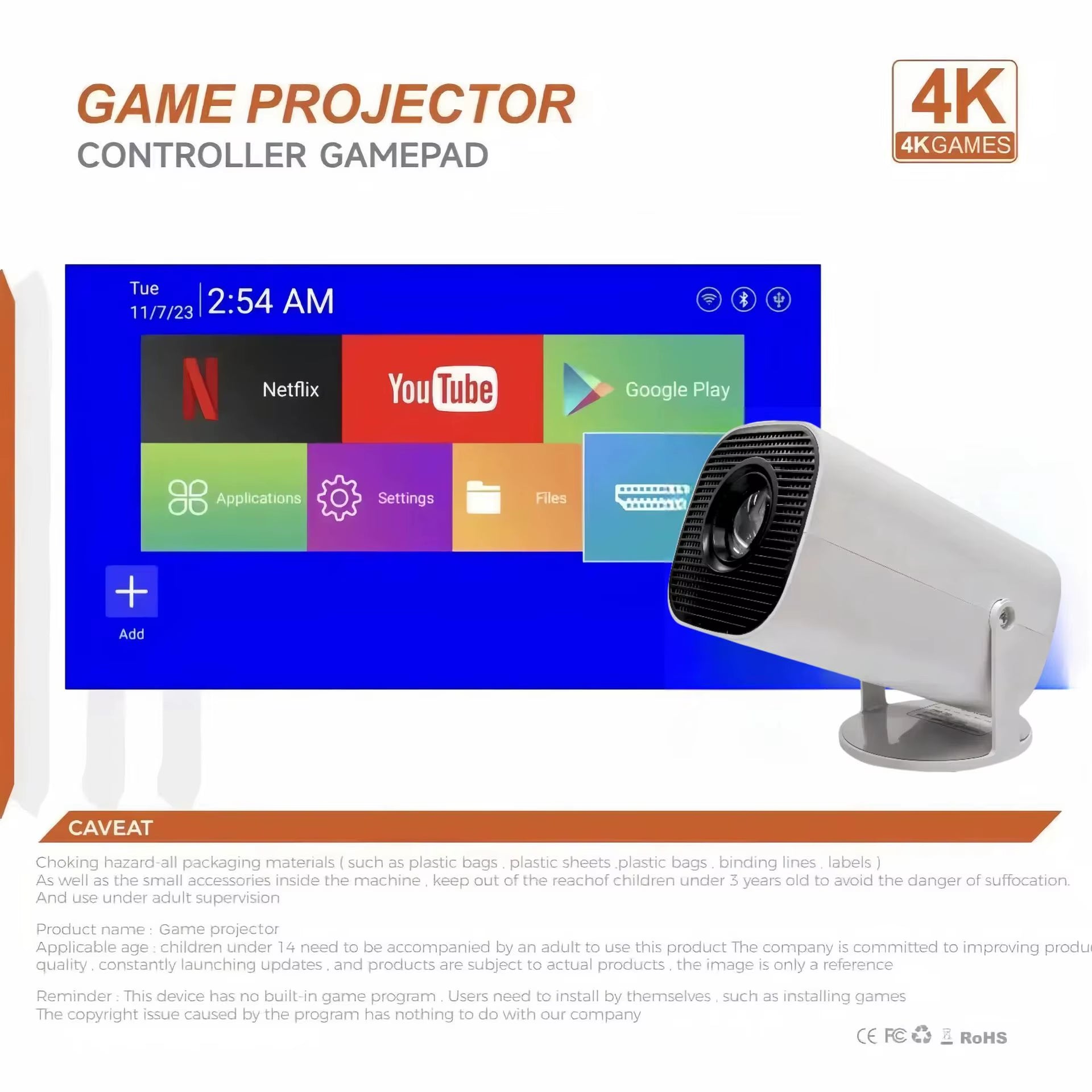 P30 Max Game Console Projector 1280*720P Android OS 11.0 with 160 ANSI Supports GBA PSP PS1 N64 NEOGEO NES SFC Simulator with TF