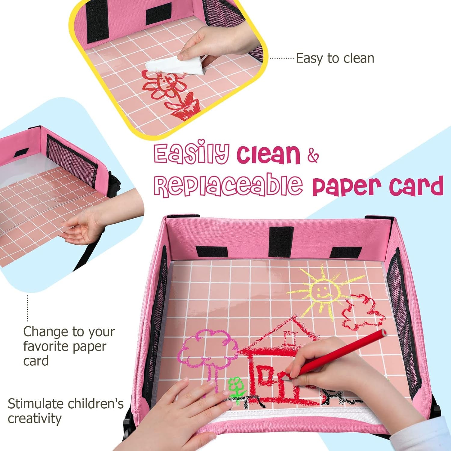 [New Version] Car Seat Organizer Kids Travel Tray for Kids Toddlers Activities in Car Seat, Stroller, Airplane | Waterproof Dry Erase Top | Side Pocket & Water Bottle Holder