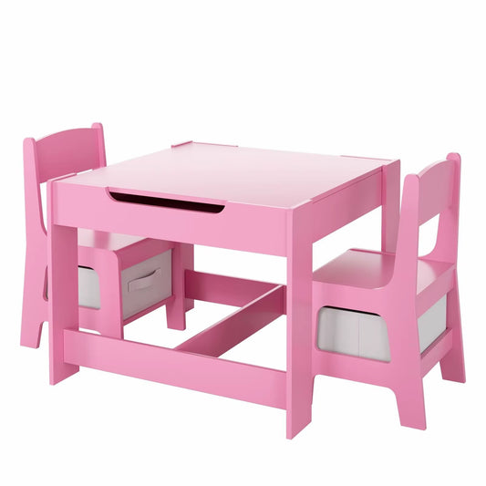 AOOU Kids Table and 2 Chairs Set, 3-In-1 Wooden Activity Table, W/Detachable Storage Drawer, Drawing Reading Black Board Desk