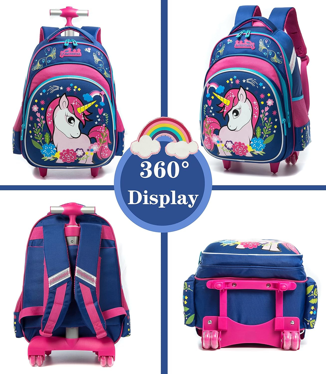 Girls Unicorn Rolling Backpacks Kids Backpack with Wheels for Girls School Bags with Lunch Box