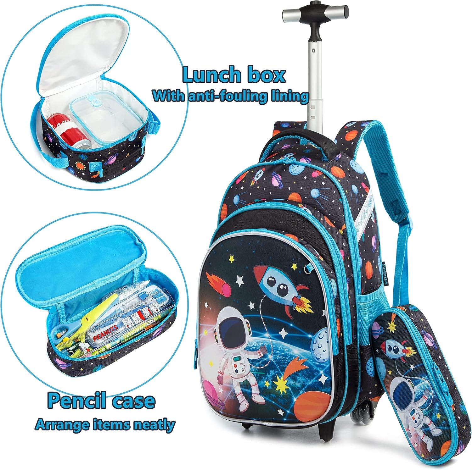 Rolling Backpacks Kids Backpack with Wheels for School Bags Luggage with Wheels Trolley Wheeled Backpacks for Boys 3PCS 16“ Astronaut Pattern Travel Bags Boys Backpack with Lunch Box Blue