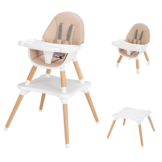 5-In-1 Baby High Chair, Infant Wooden Convertible Chair with Seat Belt, Beige