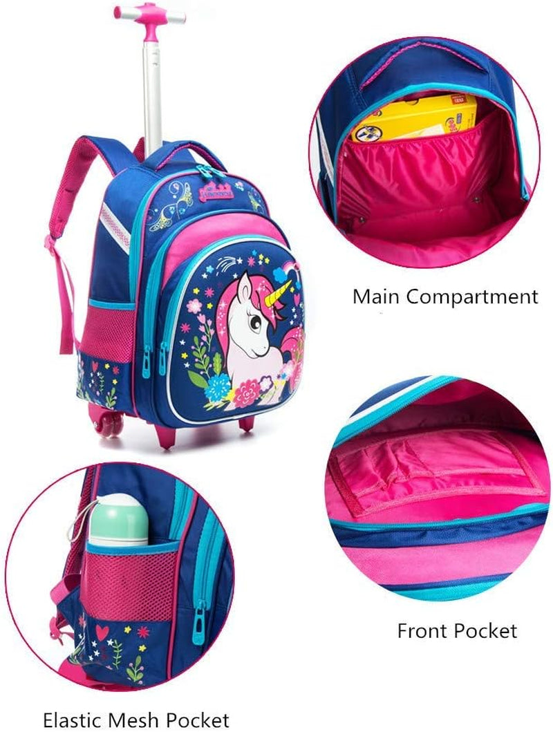 Girls Unicorn Rolling Backpacks Kids Backpack with Wheels for Girls School Bags with Lunch Box