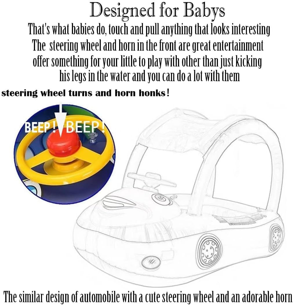 Baby Pool Float with Canopy Summer Steering Wheel Sunshade Swim Ring Car Inflatable Toys Infants Float Seat Boat for Kids Toddlers