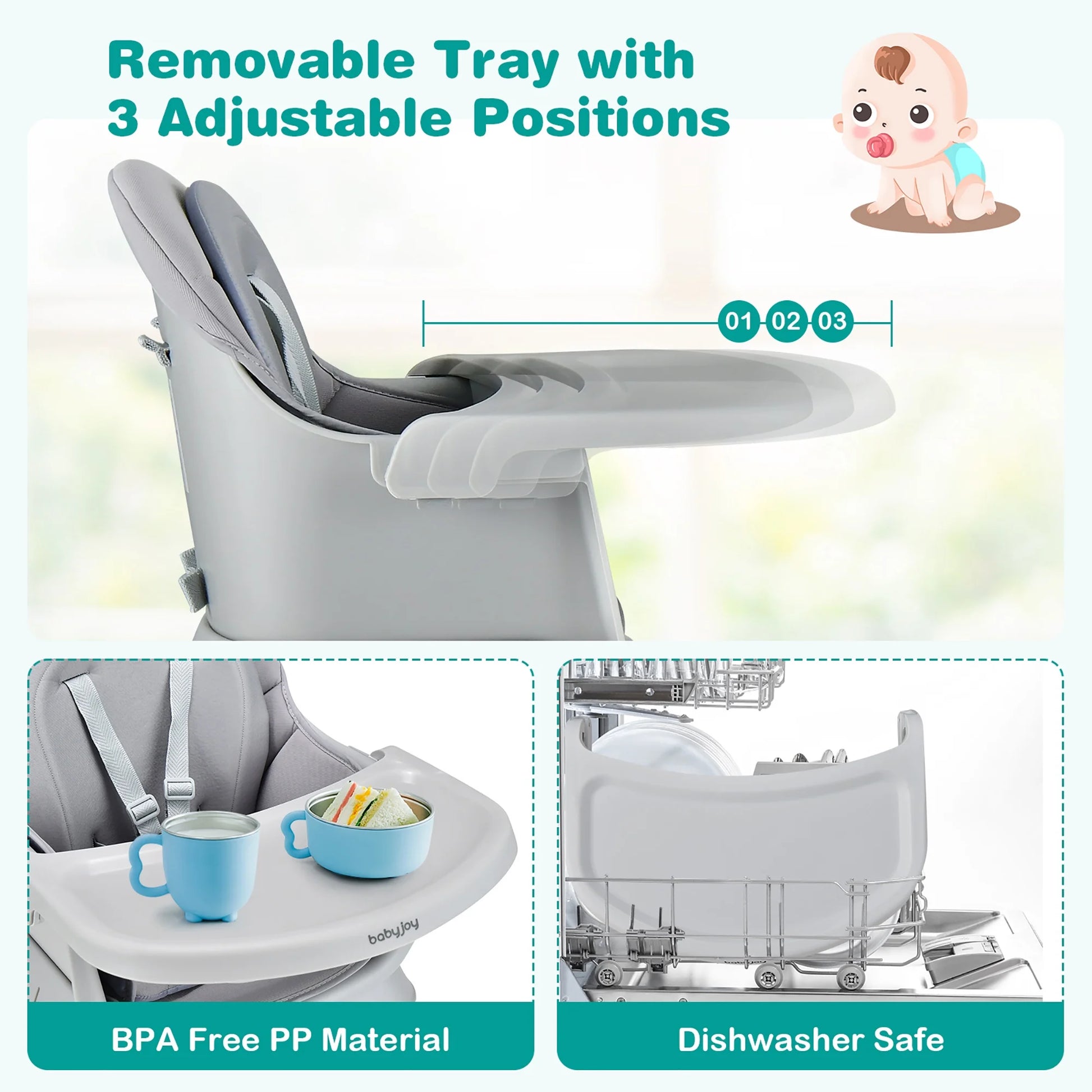 8-In-1 Baby High Chair Convertible Dining Booster Seat W/ Removable Tray Grey