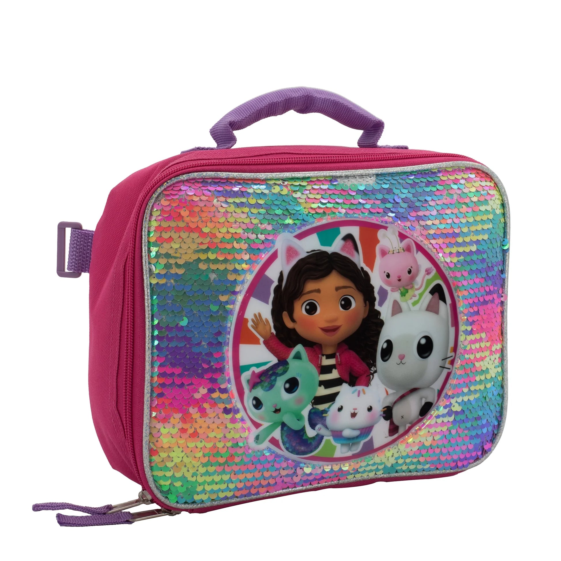 Gabby'S Doll House 4 Piece Backpack Set, Flip Sequin School Bag for Girls with Front Zip Pocket , Foam Mesh Side Pockets, Insulated Lunch Box, Water Bottle, & Squish Ball Dangle, Pink