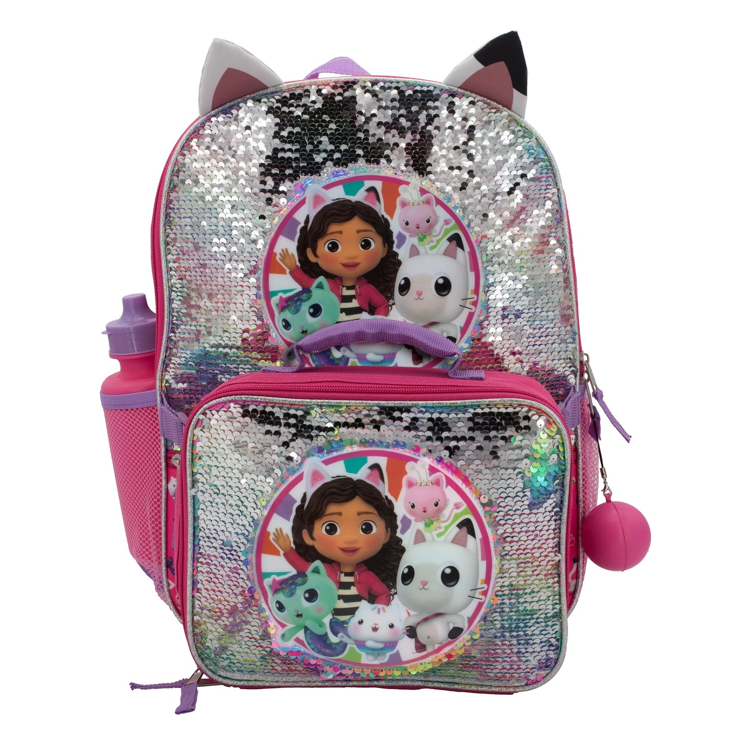 Gabby'S Doll House 4 Piece Backpack Set, Flip Sequin School Bag for Girls with Front Zip Pocket , Foam Mesh Side Pockets, Insulated Lunch Box, Water Bottle, & Squish Ball Dangle, Pink