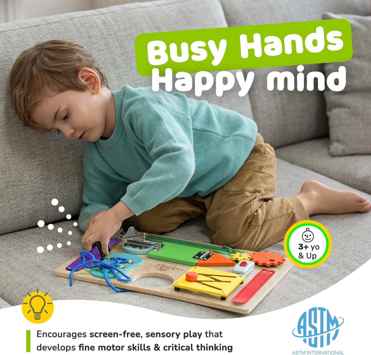 Toddler Busy Board, Premium Wooden Montessori Busy Board with 10 Learning Activities for Fine Motor Skills, Sensory Activity Kids Travel Toy, Easter Basket Stuffers Gift for Boys & Girls