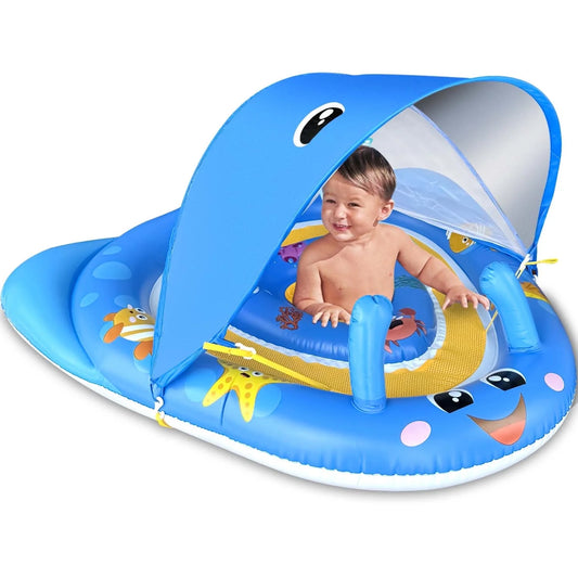 Baby Pool Float with Canopy UPF50+ Sun Protection, 6-24 Months Inflatable Infant Swimming Ring with Adjustable Safety Seat