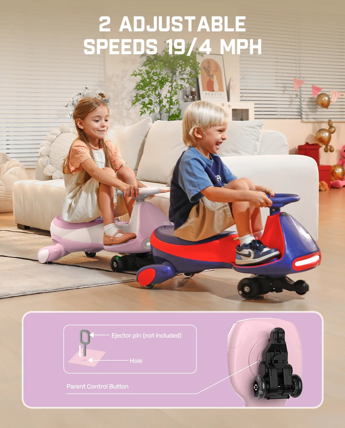 12V Electric Wiggle Car with Pedal, 2-In-1 Kids Ride-On Toy, Rechargeable Battery, 2-Speed, Anti-Rollover, Flashing Wheels, Bluetooth Music, for Ages 3+, 150 Lbs, Pinkish White