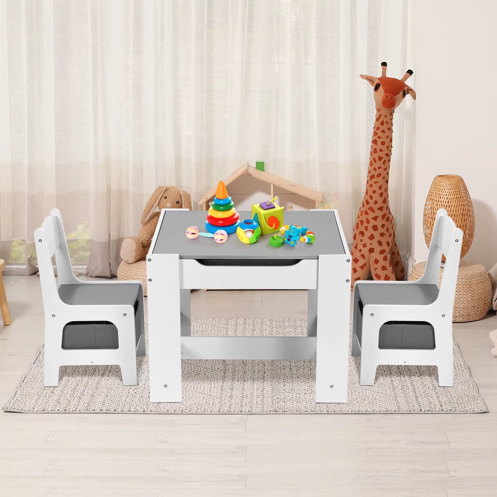 AOOU Kids Table and 2 Chairs Set, 3-In-1 Wooden Activity Table, W/Detachable Storage Drawer, Drawing Reading Black Board Desk