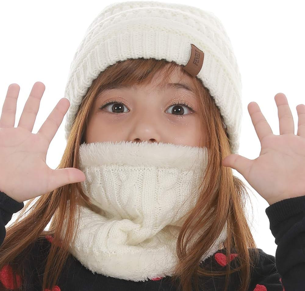 3Pcs Kids Winter Beanie Hat Scarf Gloves Set for 2-6-10-14 Years Old Boys Girls, Knit Thick Warm Fleece Lined Thermal Sets