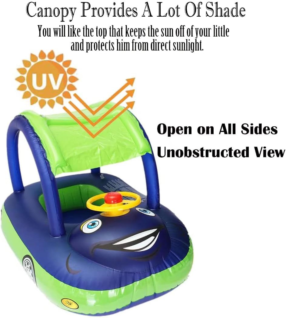 Baby Pool Float with Canopy Summer Steering Wheel Sunshade Swim Ring Car Inflatable Toys Infants Float Seat Boat for Kids Toddlers