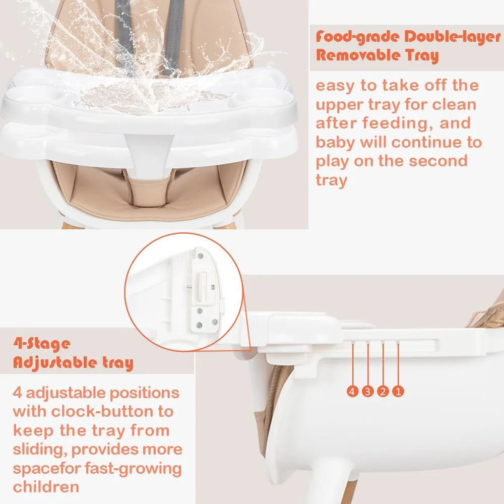 5-In-1 Baby High Chair, Infant Wooden Convertible Chair with Seat Belt, Beige