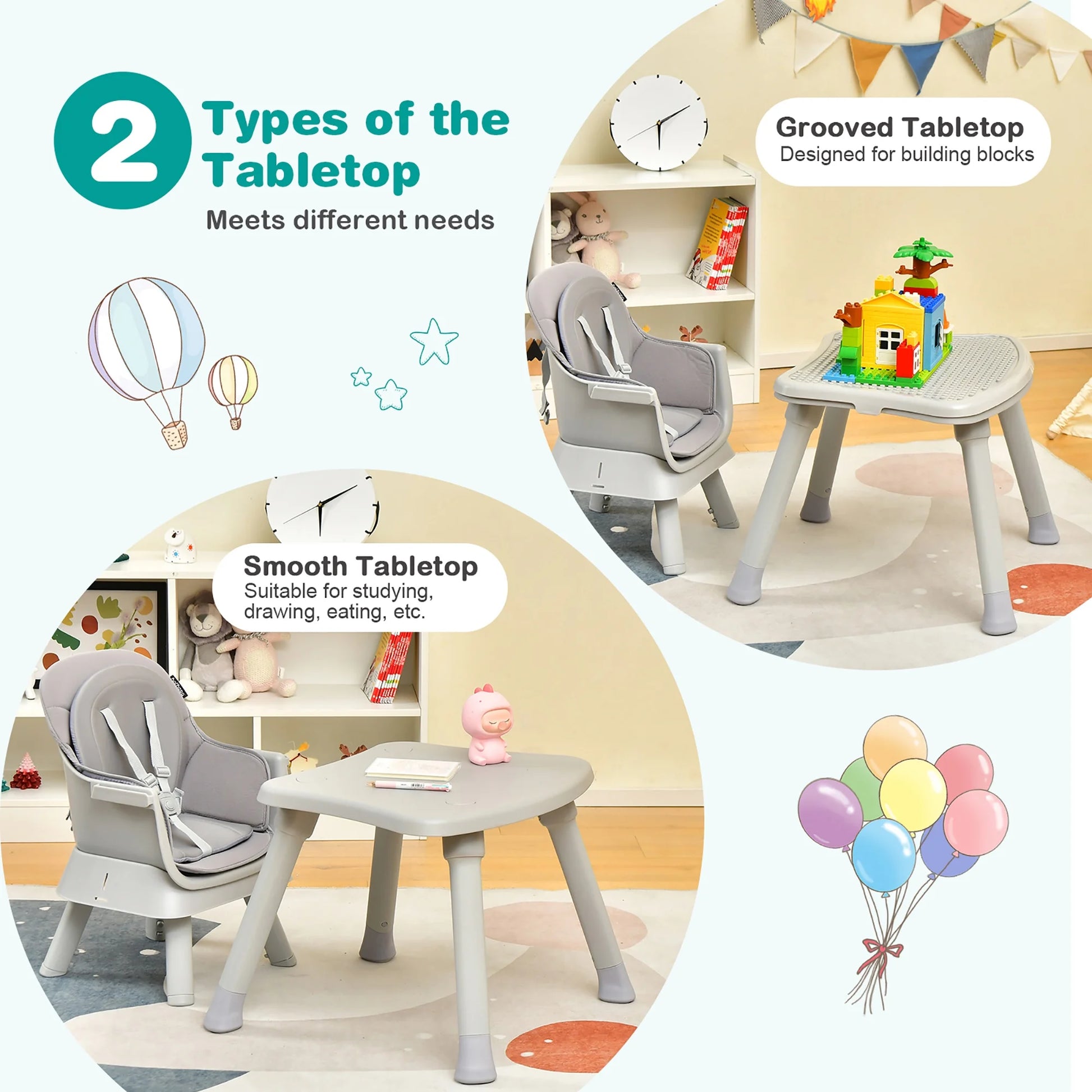 8-In-1 Baby High Chair Convertible Dining Booster Seat W/ Removable Tray Grey