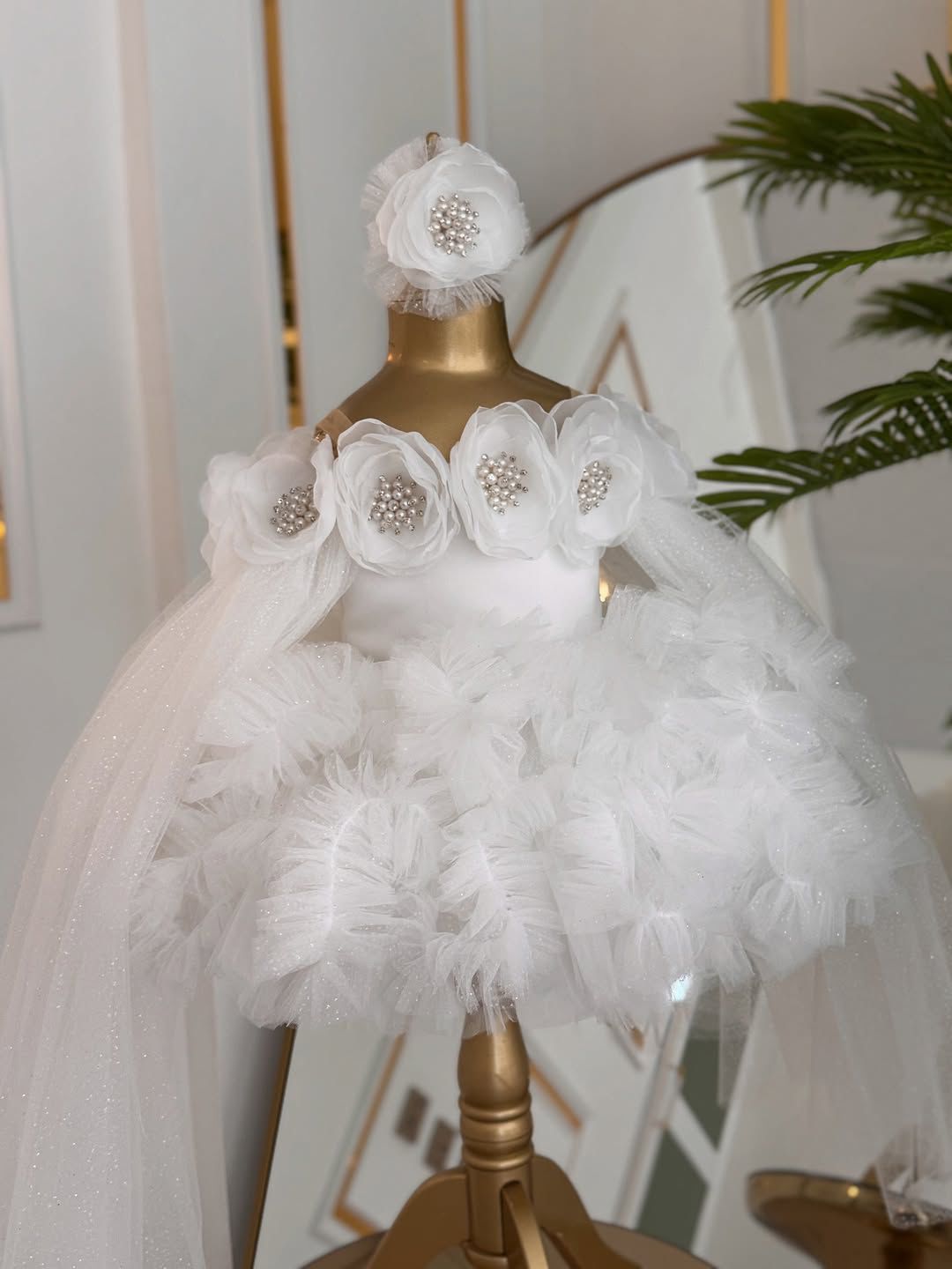 White Floral Pearl Dress with Headpiece