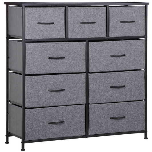 9-Drawer Dresser Steel Frame Wood Top Tall Chest Organizer, Gray