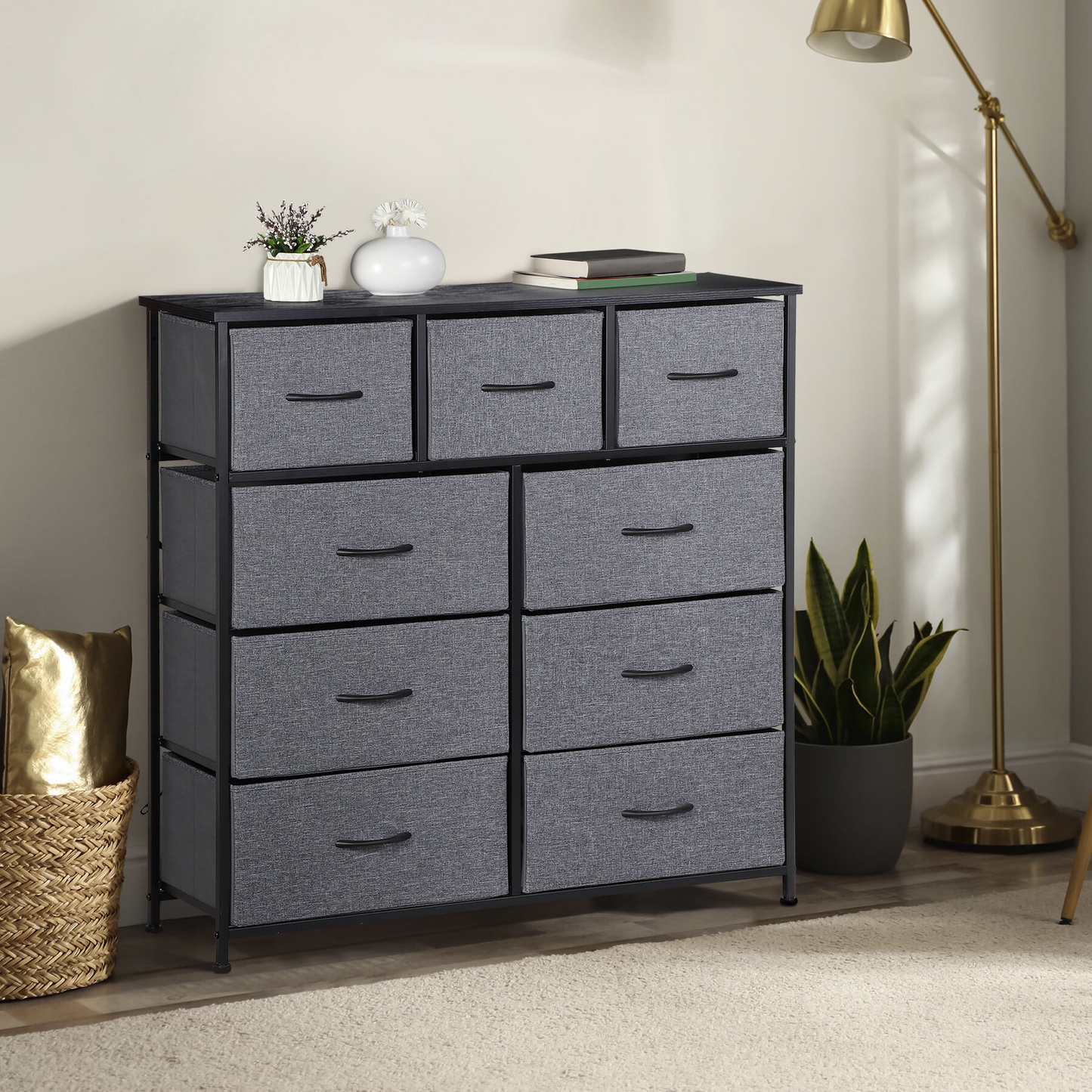 9-Drawer Dresser Steel Frame Wood Top Tall Chest Organizer, Gray