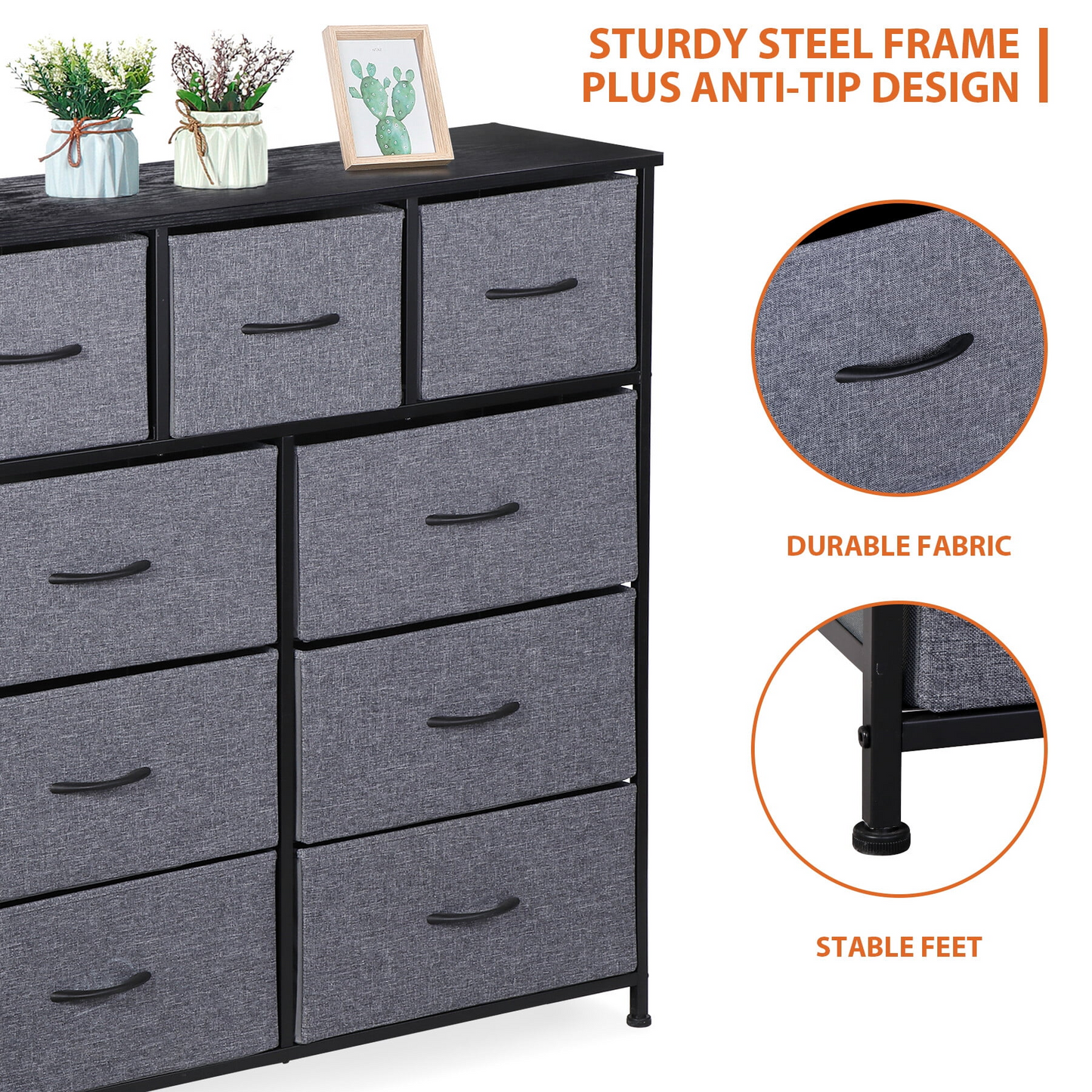 9-Drawer Dresser Steel Frame Wood Top Tall Chest Organizer, Gray