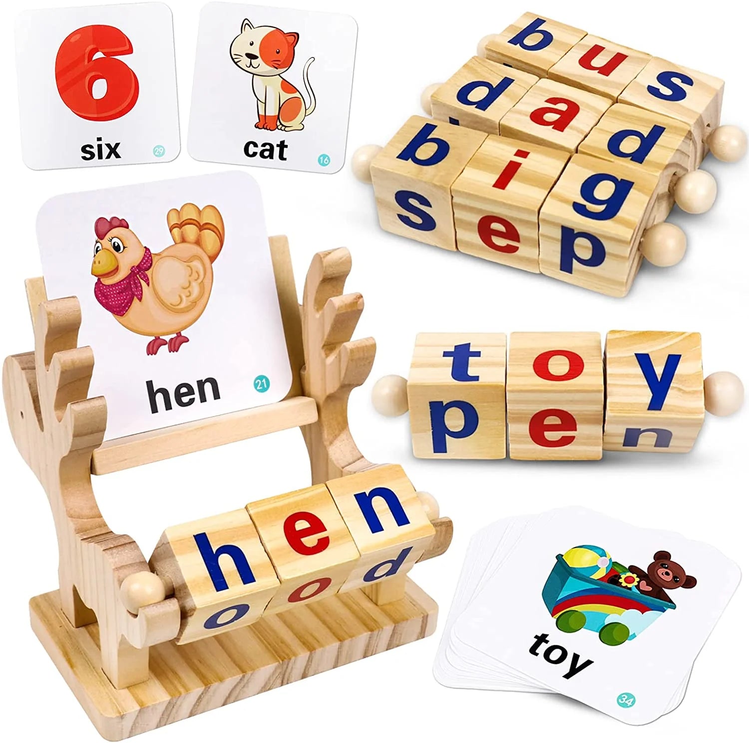 Wooden Reading Blocks Sight Words Montessori Short Vowel Rods Alphabet ABC Learning Toy