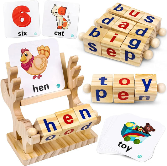 Wooden Reading Blocks Sight Words Montessori Short Vowel Rods Alphabet ABC Learning Toy