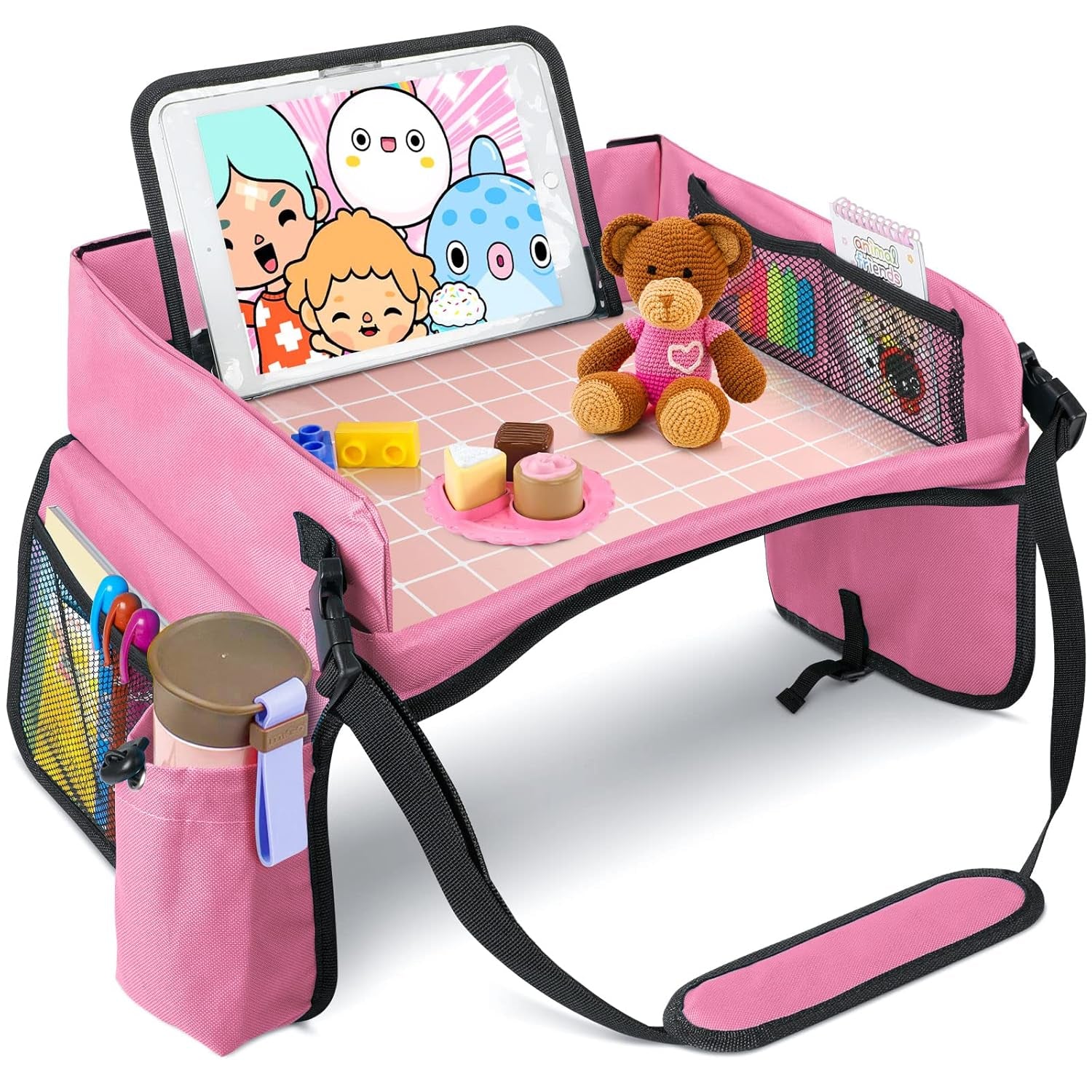 [New Version] Car Seat Organizer Kids Travel Tray for Kids Toddlers Activities in Car Seat, Stroller, Airplane | Waterproof Dry Erase Top | Side Pocket & Water Bottle Holder