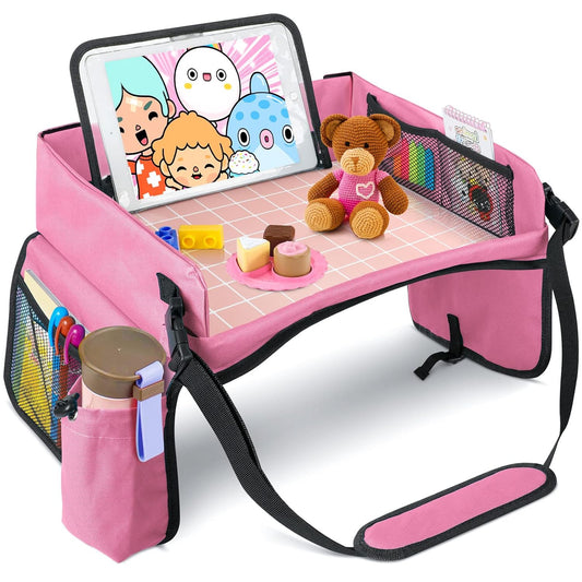 [New Version] Car Seat Organizer Kids Travel Tray for Kids Toddlers Activities in Car Seat, Stroller, Airplane | Waterproof Dry Erase Top | Side Pocket & Water Bottle Holder