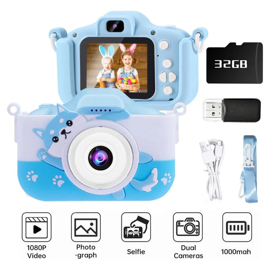Kids Camera, Kids Dual Lens Digital Camera, Portable Selfie Video Cameras Toy for Toddlers Christmas Birthday Gifts, 1080P HD Video Recorder Player for Girls Boys Age 3-12 with 32GB SD Card
