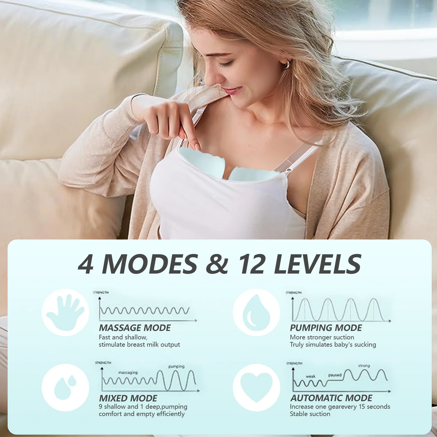 Electric Breast Pump,  Wearable Breast Pump, Hands-Free Breast Pumps with 3 Modes, 9 Levels, Blue