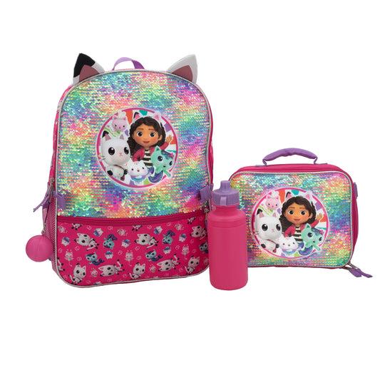 Gabby'S Doll House 4 Piece Backpack Set, Flip Sequin School Bag for Girls with Front Zip Pocket , Foam Mesh Side Pockets, Insulated Lunch Box, Water Bottle, & Squish Ball Dangle, Pink