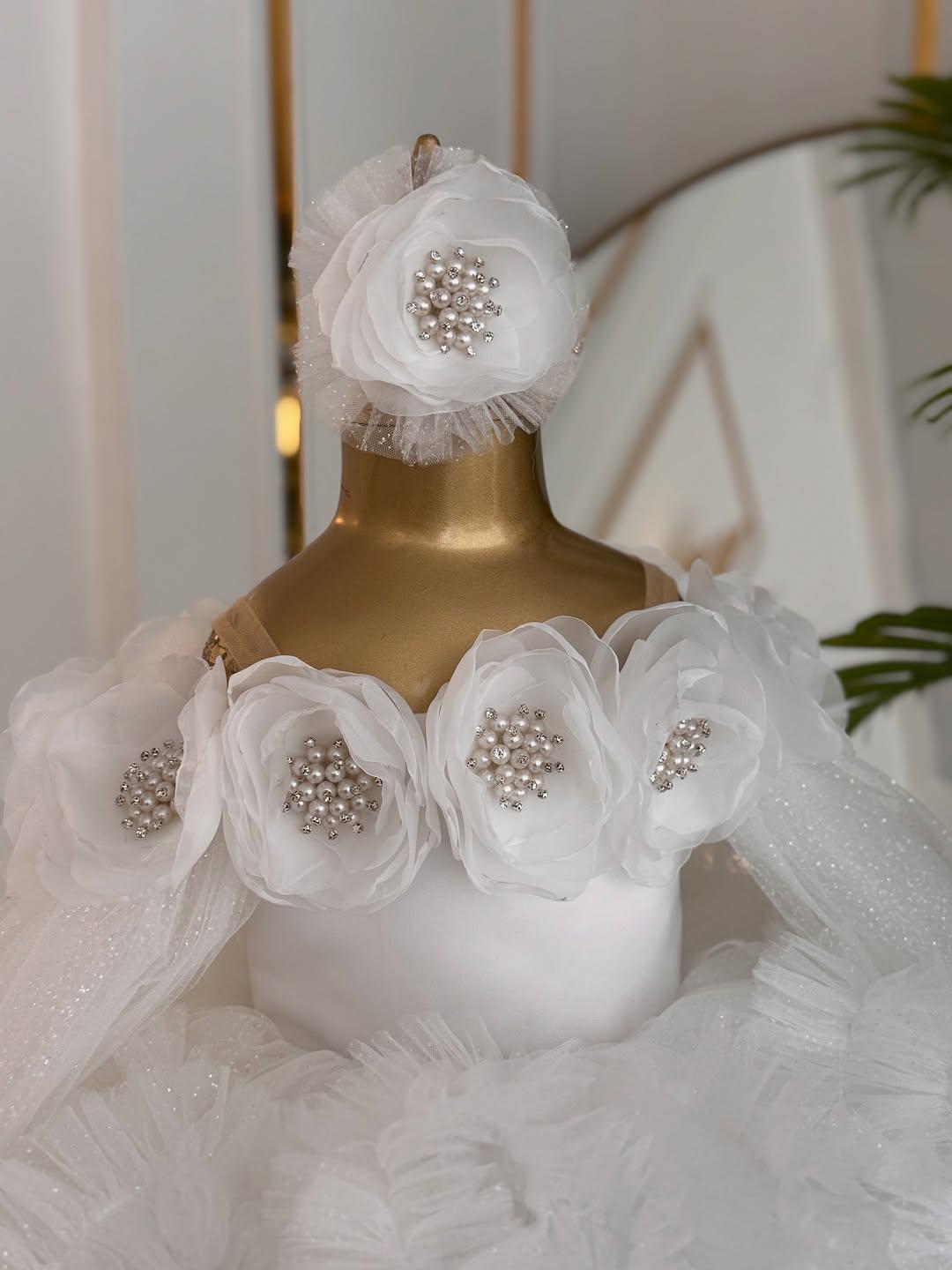 White Floral Pearl Dress with Headpiece