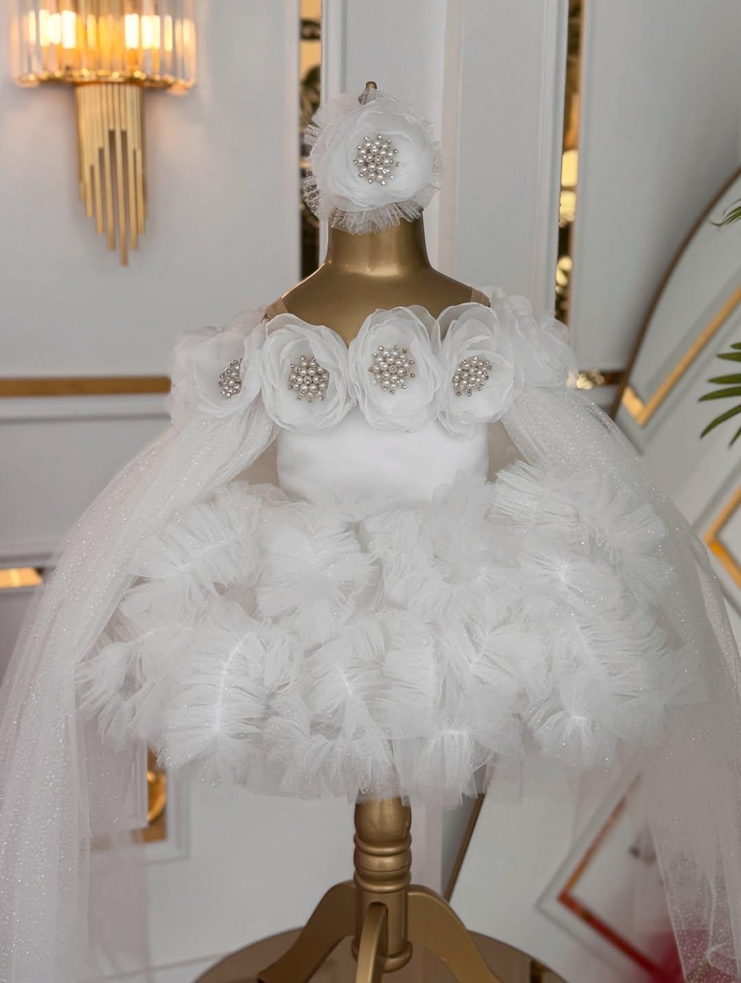 White Floral Pearl Dress with Headpiece