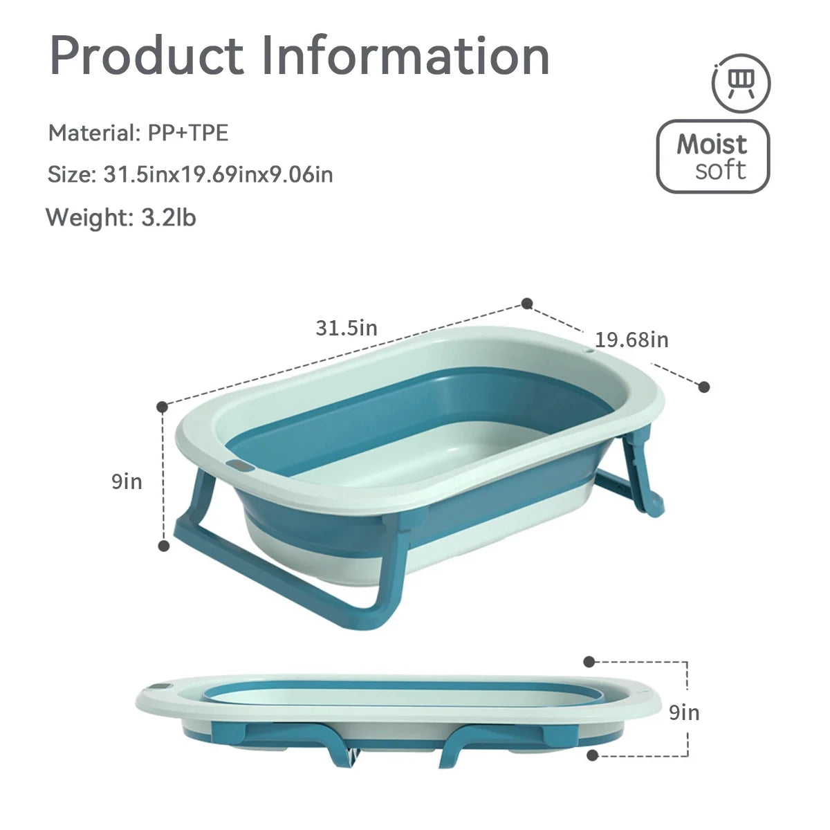 Collapsible Baby Bath Tub with Cushion & Thermometer Portable Travel Bathtub with Drain Hole Durable Newborn Bathtub for Infants to Toddler, Blue