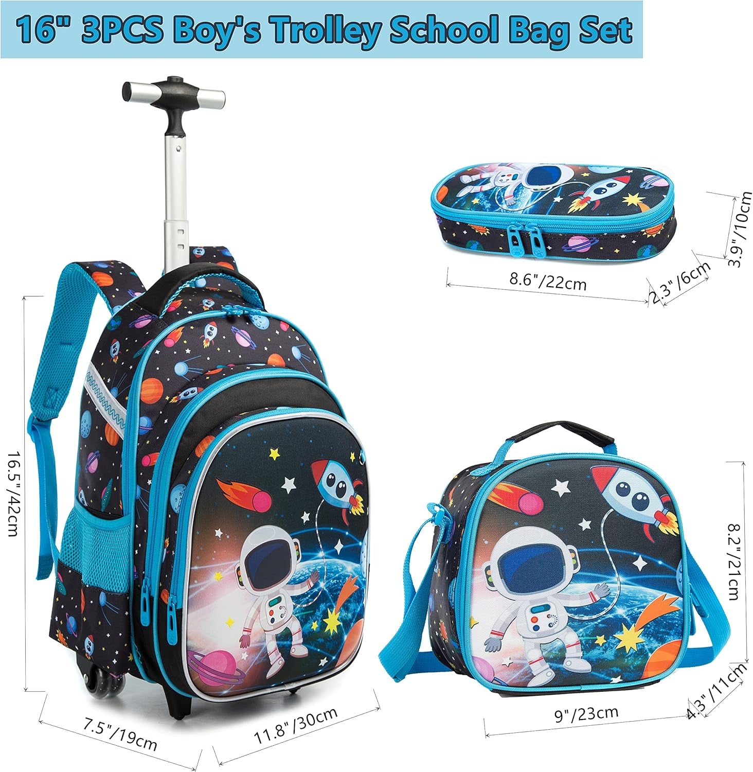 Rolling Backpacks Kids Backpack with Wheels for School Bags Luggage with Wheels Trolley Wheeled Backpacks for Boys 3PCS 16“ Astronaut Pattern Travel Bags Boys Backpack with Lunch Box Blue