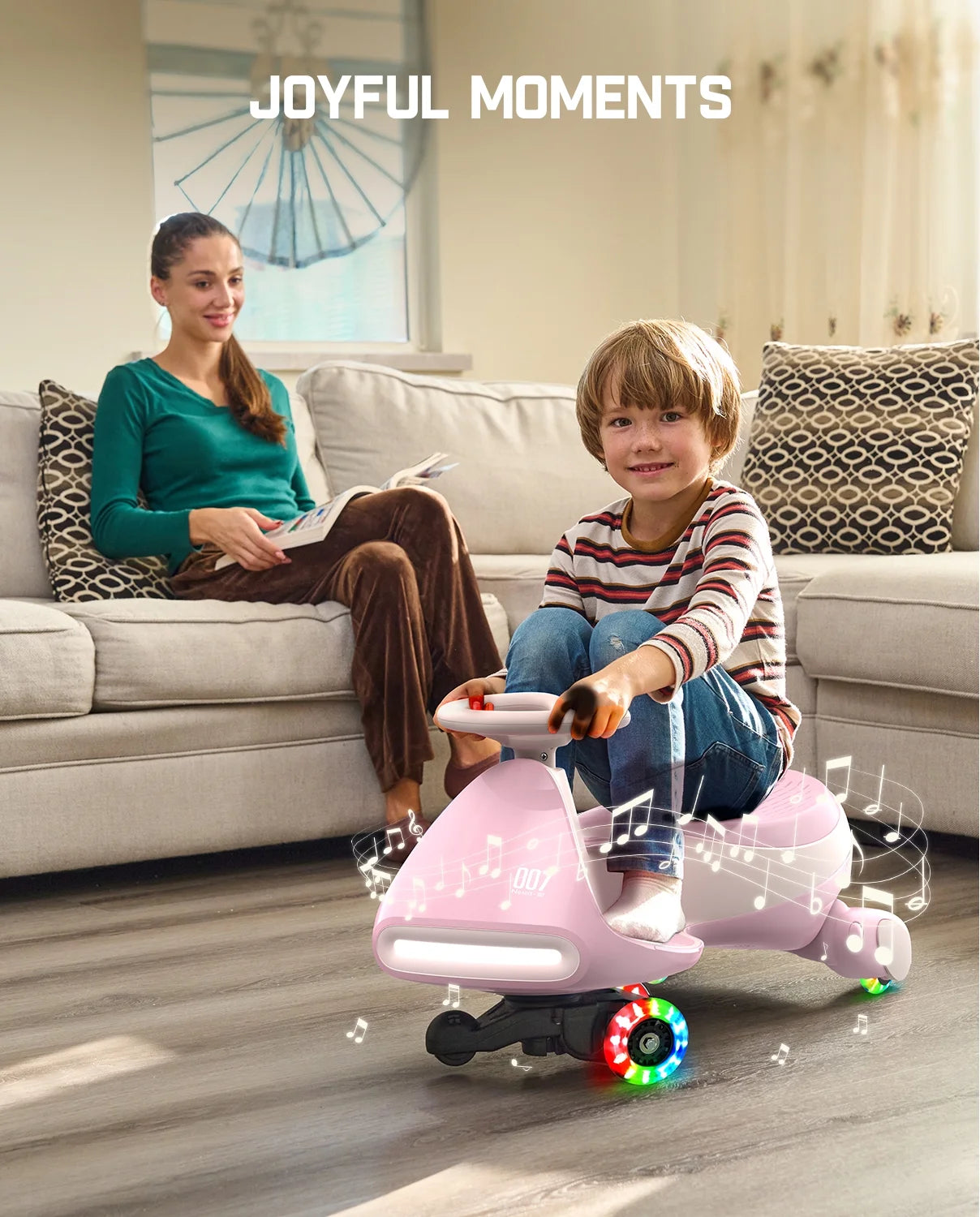 12V Electric Wiggle Car with Pedal, 2-In-1 Kids Ride-On Toy, Rechargeable Battery, 2-Speed, Anti-Rollover, Flashing Wheels, Bluetooth Music, for Ages 3+, 150 Lbs, Pinkish White