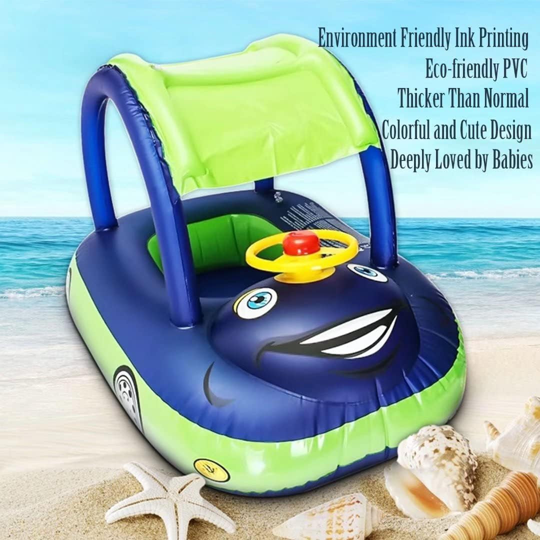 Baby Pool Float with Canopy Summer Steering Wheel Sunshade Swim Ring Car Inflatable Toys Infants Float Seat Boat for Kids Toddlers