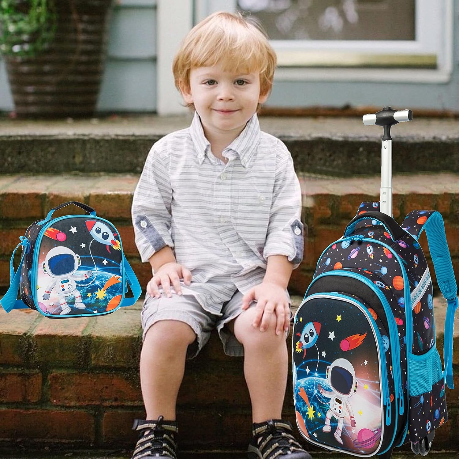 Rolling Backpacks Kids Backpack with Wheels for School Bags Luggage with Wheels Trolley Wheeled Backpacks for Boys 3PCS 16“ Astronaut Pattern Travel Bags Boys Backpack with Lunch Box Blue