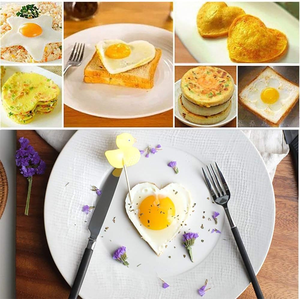 Egg Ring- Fried Egg Mold, 5Pcs Different Shapes Stainless Steel Egg Poacher, Non Stick Pancake Shaper Mold with Handles (Silicone)