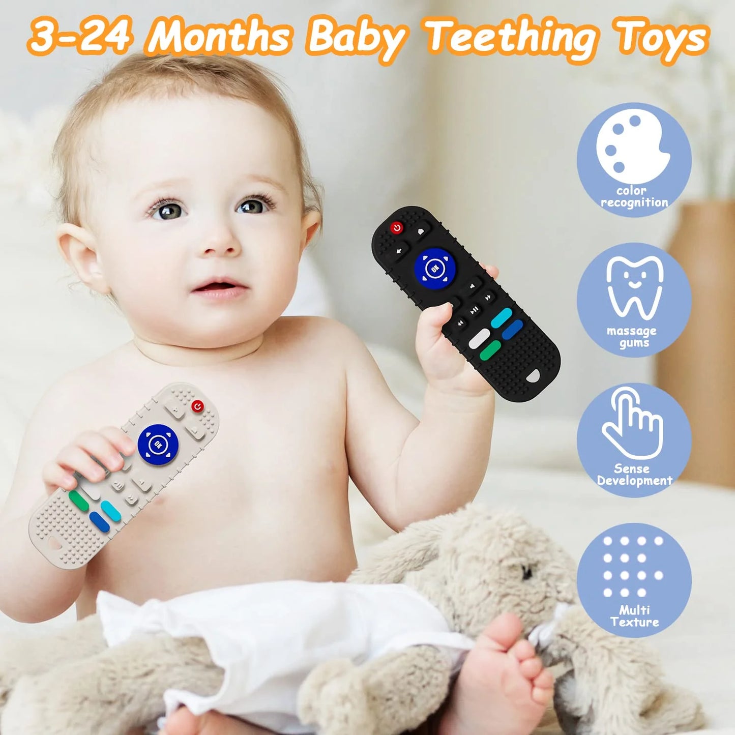 2-Pack Silicone Baby Teething Toys – Remote Control Shape, for 6-12 Months (Black & Grey)