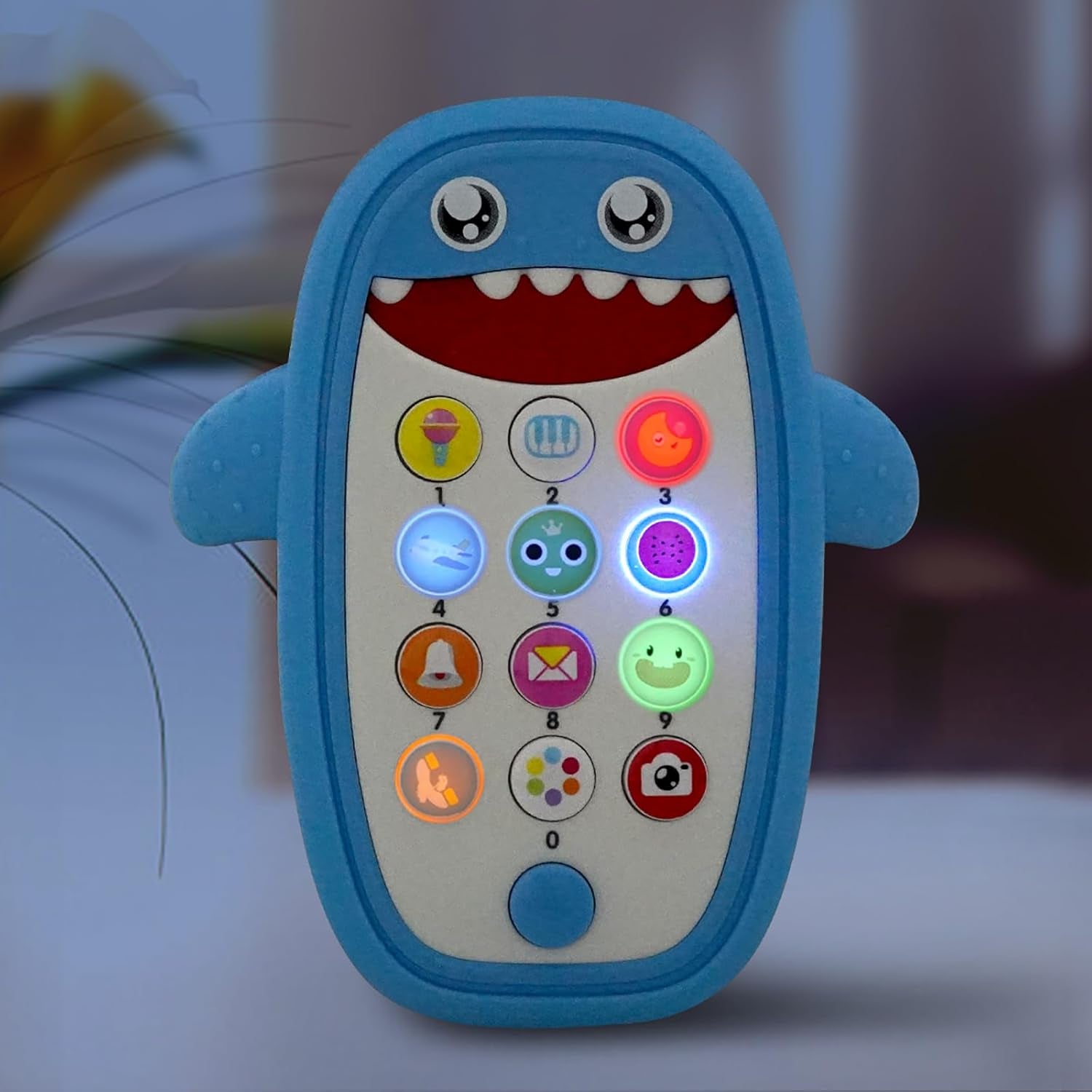 Baby Shark Cell Phone Toy Removable Teether Case, Light, Music & Adjustable Volume Kids Play & Learn Fake Phone Infant Toddler, Preschool Holiday Birthday Present for Girl Boy 0-6, 6-18 Months (Blue)