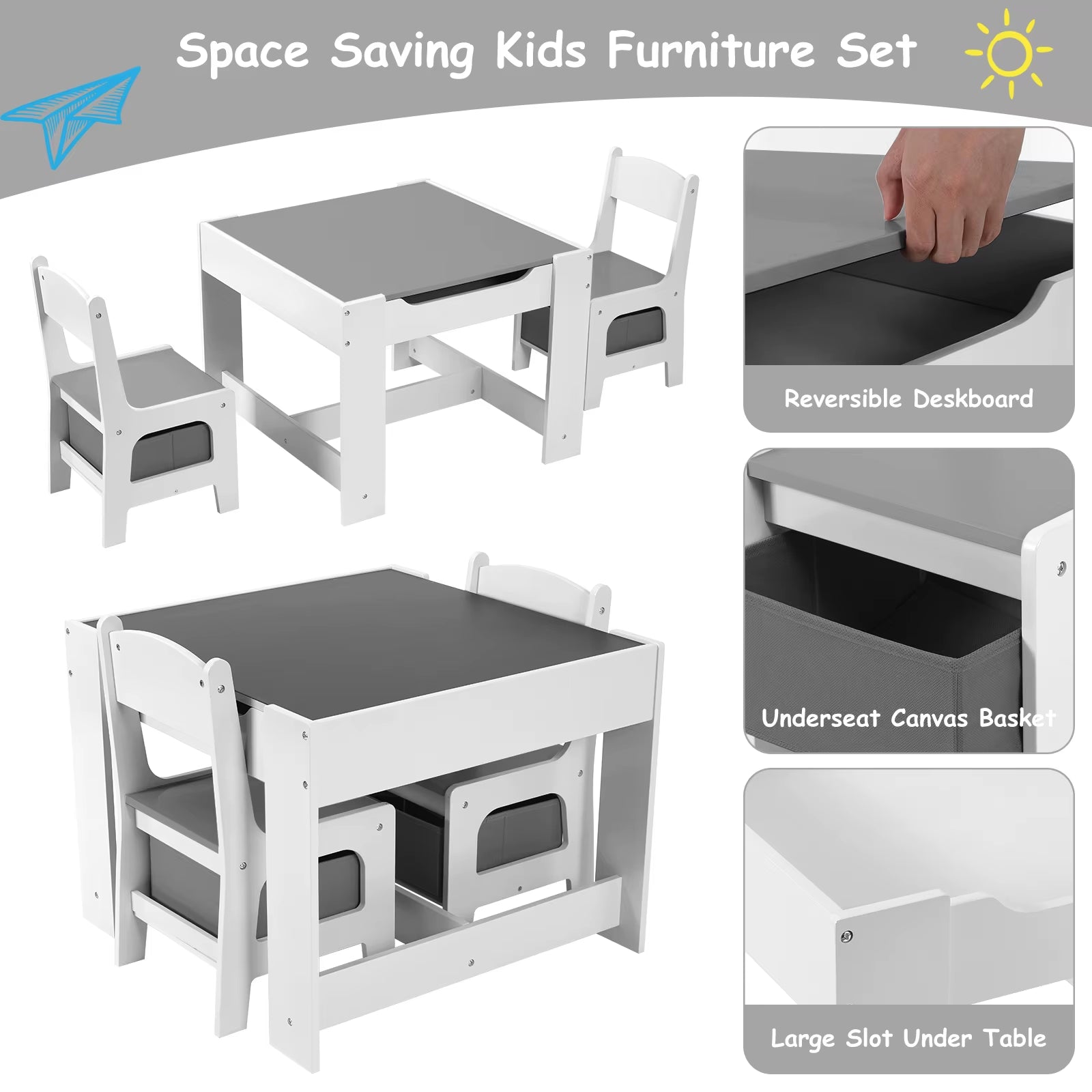AOOU Kids Table and 2 Chairs Set, 3-In-1 Wooden Activity Table, W/Detachable Storage Drawer, Drawing Reading Black Board Desk