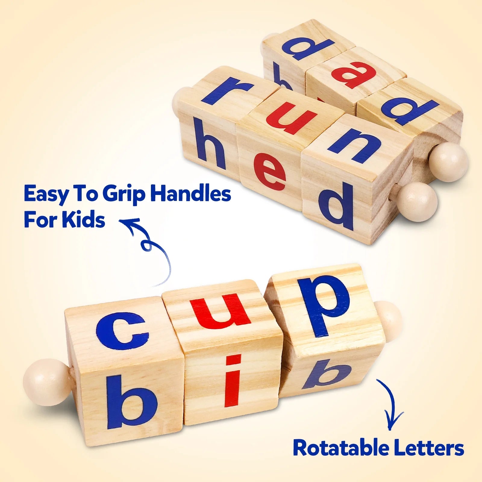 Wooden Reading Blocks Sight Words Montessori Short Vowel Rods Alphabet ABC Learning Toy