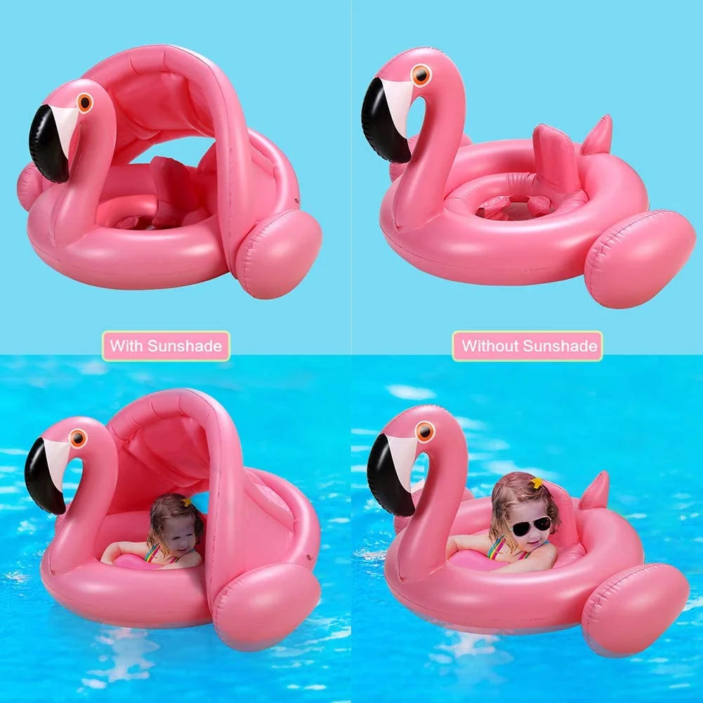 Baby Pool Float with Canopy,Flamingo Inflatable Swimming Ring,Infant Pool Floaties Swimming Pool Sunshade Toys for Baby Girls Boys Toddlers Pink