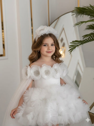 White Floral Pearl Dress with Headpiece