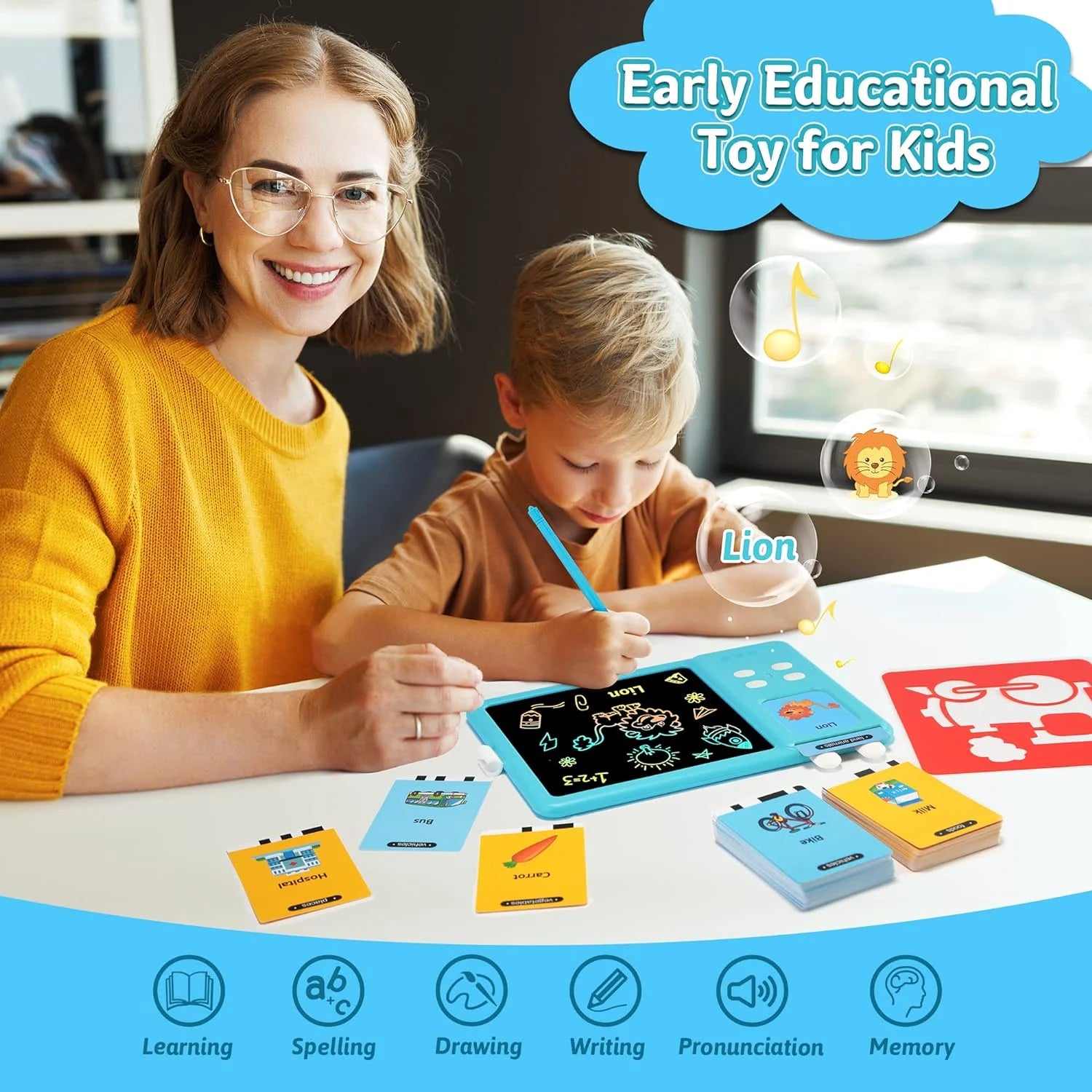 Talking Flash Cards LCD Writing Tablet Montessori Toys for Toddlers, Kids Toys Writing Board Reading Machine Educational Preschool Learning Toys for Boys Girls, Blue
