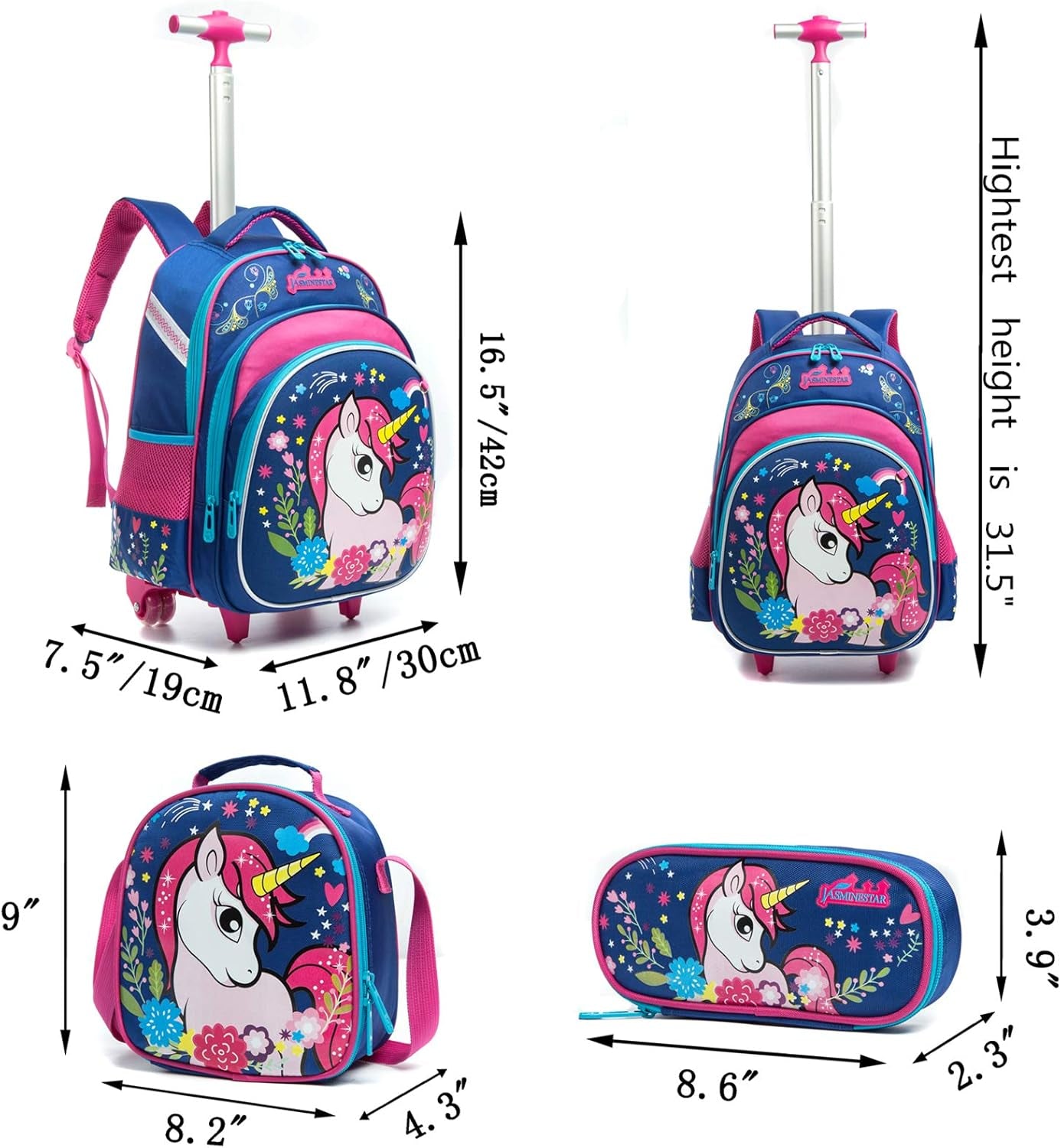 Girls Unicorn Rolling Backpacks Kids Backpack with Wheels for Girls School Bags with Lunch Box