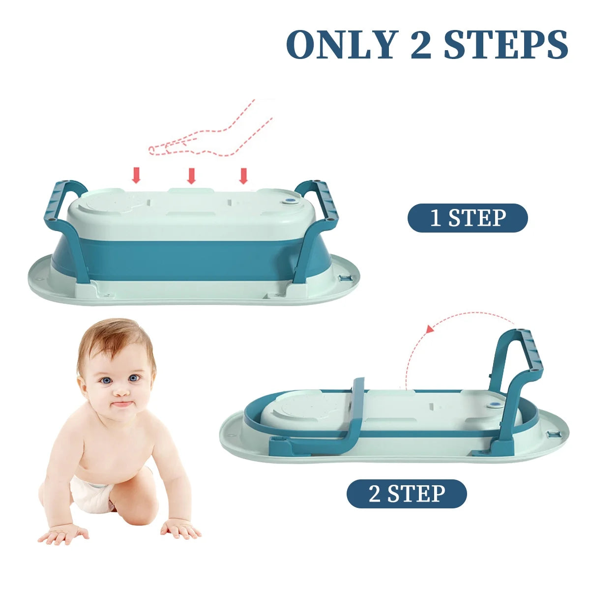 Collapsible Baby Bath Tub with Cushion & Thermometer Portable Travel Bathtub with Drain Hole Durable Newborn Bathtub for Infants to Toddler, Blue